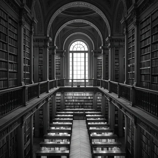 Monochromatyczne wnętrze biblioteki z wysokimi regałami i centralnym, łukowym oknem.